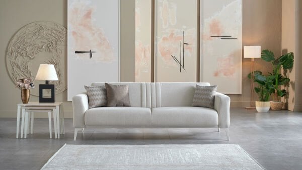 Nadia Üçlü Koltuk - Krem - Beyaz Renk Ayak