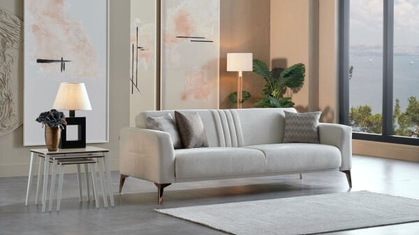 Nadia Üçlü Koltuk - Krem - Bronz Renk Ayak