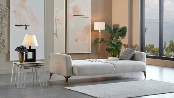 Nadia Üçlü Koltuk - Krem - Bronz Renk Ayak