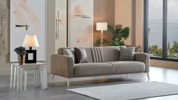 Nadia Üçlü Koltuk - Vizon - Beyaz Renk Ayak