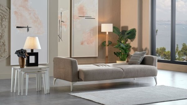 Nadia Üçlü Koltuk - Vizon - Beyaz Renk Ayak