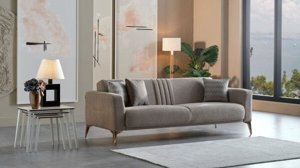 Nadia Üçlü Koltuk - Vizon - Bronz Renk Ayak