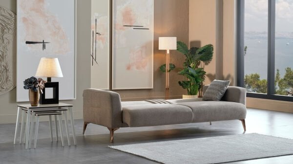 Nadia Üçlü Koltuk - Vizon - Bronz Renk Ayak