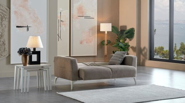 Nadia İkili Koltuk - Vizon - Beyaz Renk Ayak