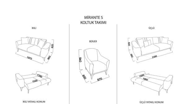 Mirante S Üçlü Koltuk Krem