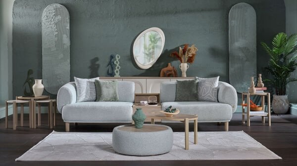 Claris Üçlü Sehpalı Koltuk - Mint Yeşili - Meşe Renk Ayak