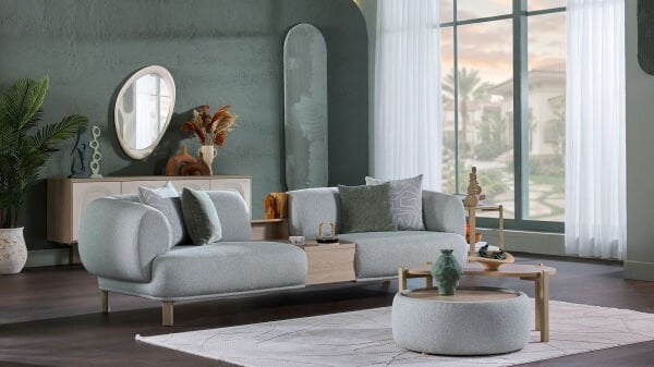 Claris Üçlü Sehpalı Koltuk - Mint Yeşili - Meşe Renk Ayak