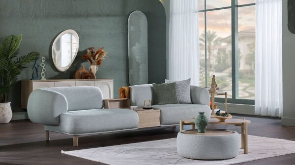 Claris Üçlü Sehpalı Koltuk - Mint Yeşili - Meşe Renk Ayak