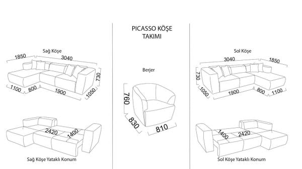 Picasso Köşe Sol Koltuk - Gri Gri