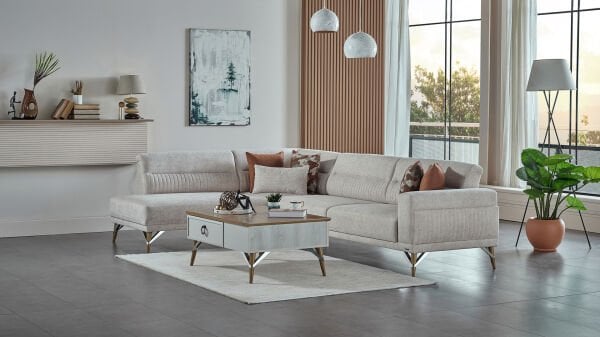 Valencia Köşe Koltuk L Sağ - Beyaz - Meşe Renk Ayak