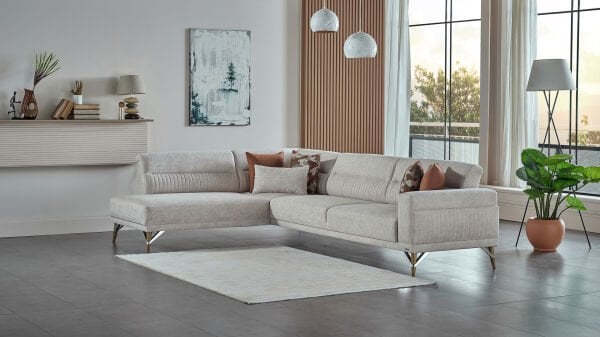 Valencia Köşe Koltuk L Sağ - Beyaz - Meşe Renk Ayak