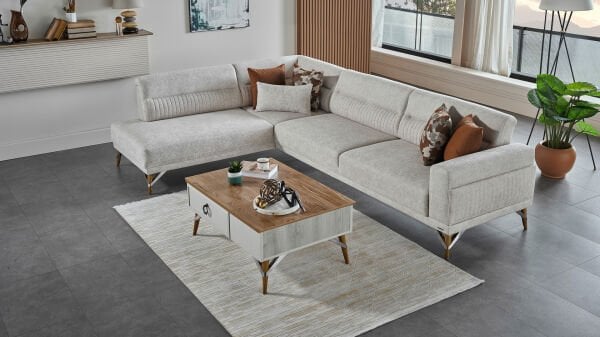 Valencia Köşe Koltuk L Sağ - Beyaz - Meşe Renk Ayak