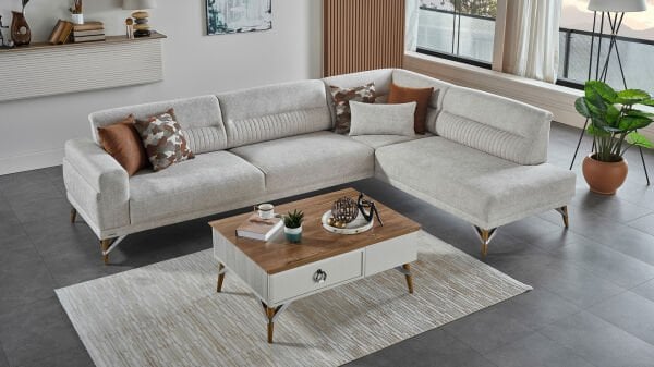 Valencia Köşe Koltuk L Sol - Beyaz - Meşe Renk Ayak