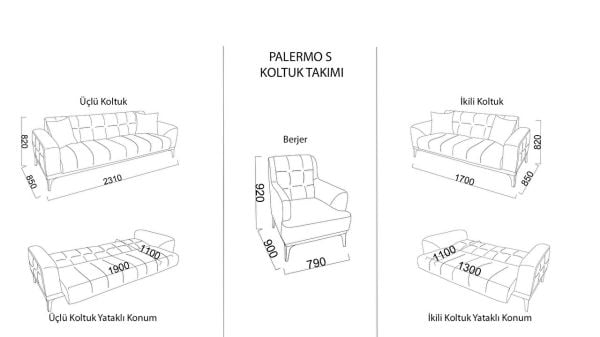 Palermo S İkili Koltuk - Siyah Renk Ayak Tarçın