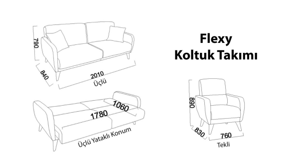Flexy Üçlü Koltuk - Siyah Renk Ayak