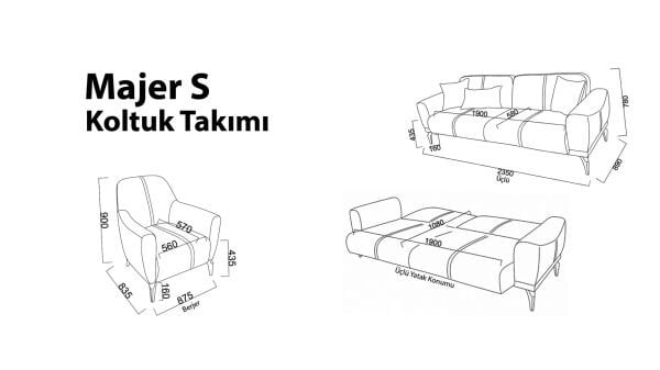 Majer S Üçlü Koltuk - Vizon - Beyaz Renk Ayak