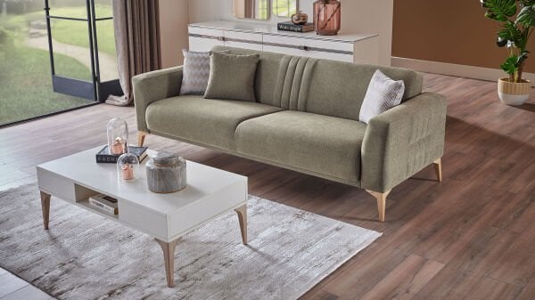 Nadia Üçlü Koltuk - Yeşil - Meşe Renk Ayak