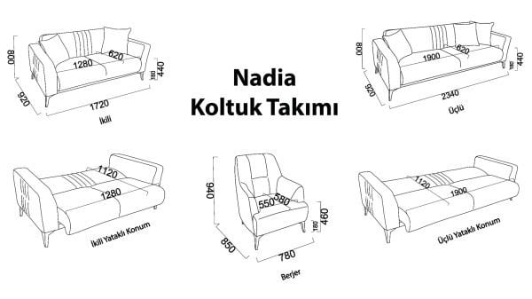 Nadia Üçlü Koltuk - Krem - Meşe Renk Ayak