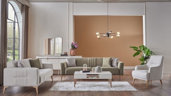 Nadia Üçlü Koltuk - Krem - Meşe Renk Ayak