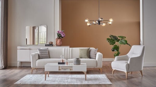 Nadia Üçlü Koltuk - Krem - Meşe Renk Ayak