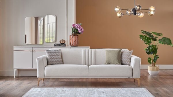 Nadia Üçlü Koltuk - Krem - Meşe Renk Ayak