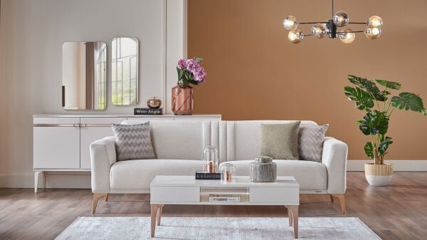 Nadia Üçlü Koltuk - Krem - Meşe Renk Ayak