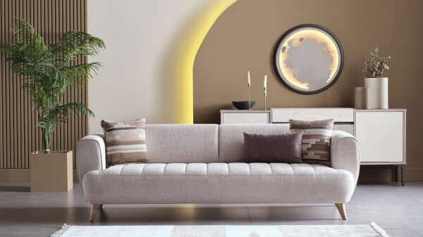 Mona Üçlü Koltuk - Bej - Meşe Renk Ayak