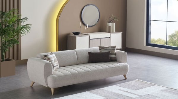 Mona Üçlü Koltuk - Bej - Meşe Ayak