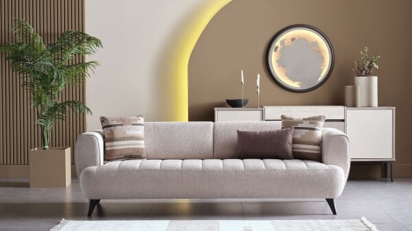 Mona Üçlü Koltuk - Bej - Kahve Renk Ayak