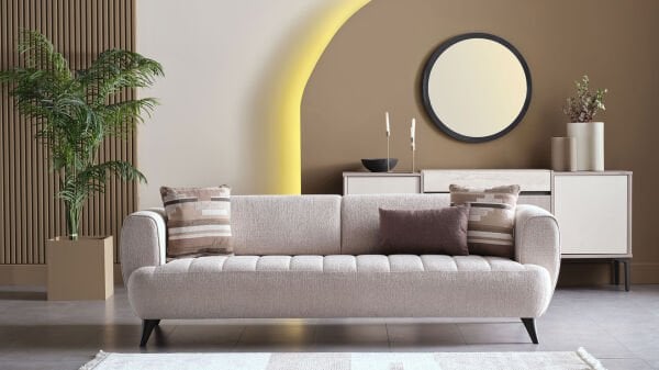 Mona Üçlü Koltuk - Bej - Kahve Renk Ayak