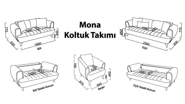 Mona Üçlü Koltuk - Bej - Kahve Renk Ayak