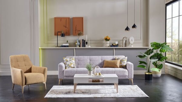 Luis Üçlü Koltuk - Gri - Meşe Renk Ayak