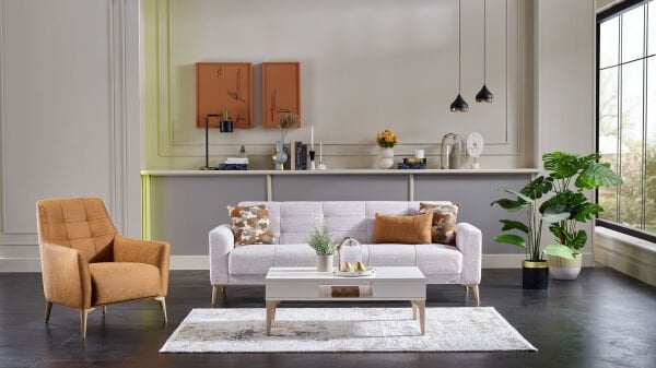 Luis Üçlü Koltuk - Taş Gri - Meşe Renk Ayak