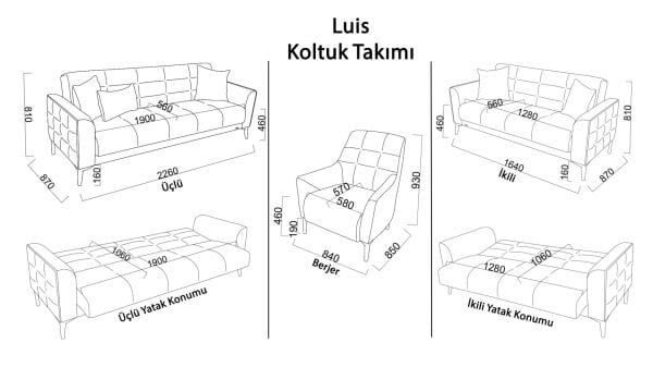 Luis Üçlü Koltuk - Taş Gri - Meşe Renk Ayak