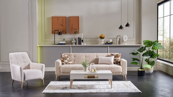 Luis Üçlü Koltuk - Vizon - Meşe Renk Ayak